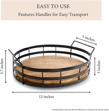 Lazy Susan Turntable Organizer with Handle, Cabinet Pantry Kitchen Countertop - Spinning Spice Rack - Large Round Serving Tray - Made Wood and Sturdy Iron Bars