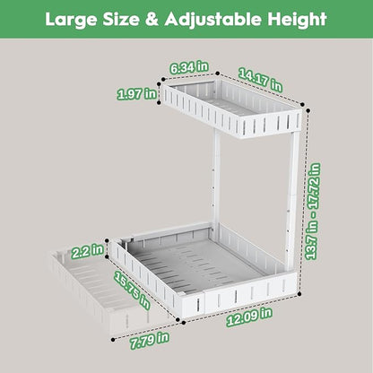 REALINN Under Sink Organizer, 2 Tier Expandable Under Cabinet Organizer, Heights Adjustable Pull Out Storage for Kitchen Bathroom Laundry, White, 2 Pack