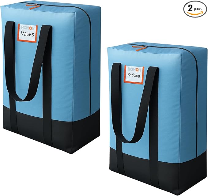2 Pack Moving Bags, Heavy Duty Storage Bags with Zipper, Extra Large Packing Bags with Internal Compression Straps, Wrap Around Handles, Alternative to Moving Boxes, Blue and Black