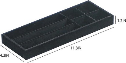 Divided Drawer Organizer Tray, Velvet Jewelry Storage Tray, Necklace Bracelet Ring Earring Display Tray,Bedside Nightstand Desk Holder Tray for Phone Watch Sunglasses Cosmetics Storage/Black/7grid