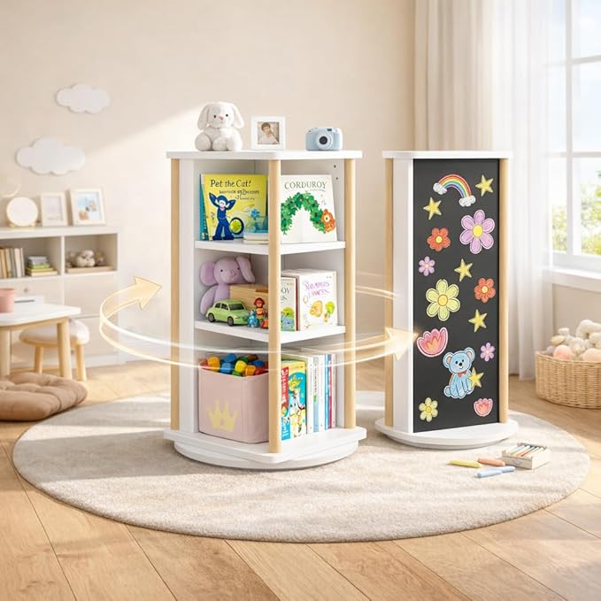 Kids Rotating Bookshelf, 360° Spinning Bookcase with Chalkboard, 3 Tier Wooden Toy Storage Shelf & Picture Book Organizer for Toddlers Nursery Playroom Bedroom, White & Natural