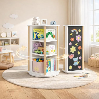 Kids Rotating Bookshelf, 360° Spinning Bookcase with Chalkboard, 3 Tier Wooden Toy Storage Shelf & Picture Book Organizer for Toddlers Nursery Playroom Bedroom, White & Natural