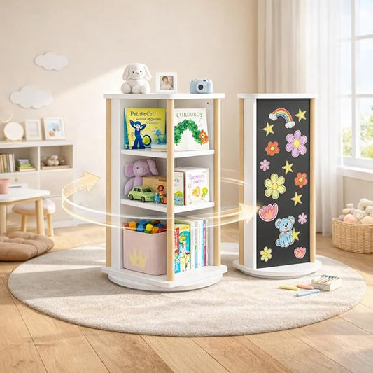 Kids Rotating Bookshelf, 360° Spinning Bookcase with Chalkboard, 3 Tier Wooden Toy Storage Shelf & Picture Book Organizer for Toddlers Nursery Playroom Bedroom, White & Natural