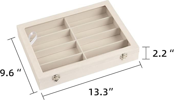 Frebeauty Sunglass Organizer,Velvet Glasses Organizer,8-Slot Sunglasses Tray with Clear Lid,Men's/Women's Sunglasses Box,Sunglass Case,13.3 x 9.6 x 2.2 Inches,Eyeglass/Eyewear Display Tray(Beige)