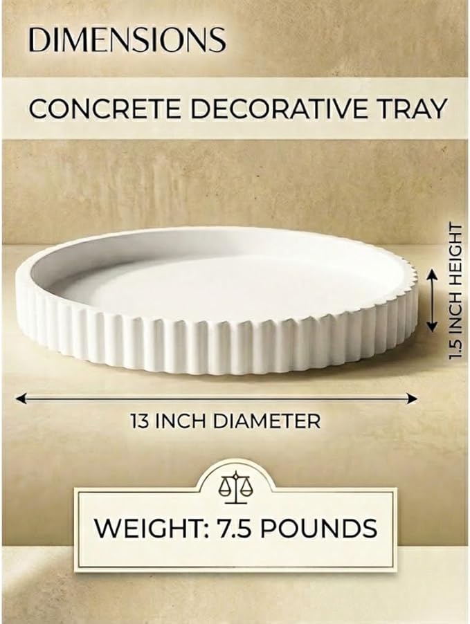 Vivere Home 13-Inch Round Coffee Table Tray - Concrete Round White Decorative Tray for Coffee Table Decor - Table Centerpieces Kitchen Island Trays Decorative Trays - Dining Room Tray White