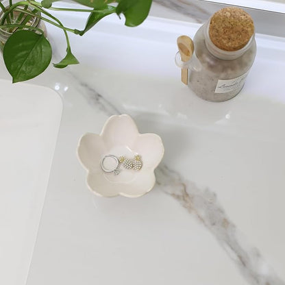 YZMICSTAR Flower Ring Dish Holder,Jewelry Dish Tray,Small Trinket Tray,Jewelry Plate Bowl,Key Bowl,Decorative Plate,Birtdhay Christmas Gifts for Women Friends,Ceramic Kiln effect White