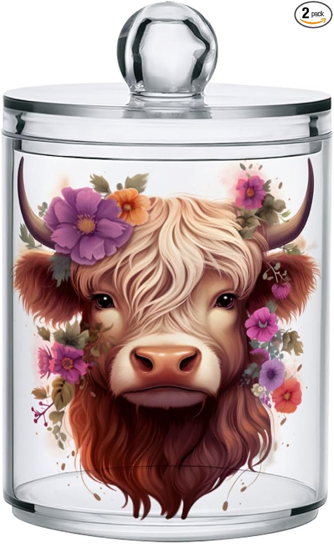 MNSRUU 2 Pack Qtip Holder Organizer Dispenser Highland Cow Pink Bathroom Storage Canister Cotton Ball Holder Bathroom Containers for Cotton Swabs/Pads/Floss