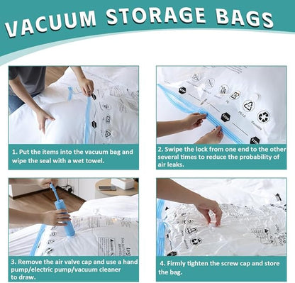 12 Pack Vacuum Storage Bags, Space Saver Compression Bags for Clothing, Comforters, Blankets, Vacuum Seal Bags with Hand Pump. (3×Jumbo, 3×Large, 3×Medium, 3×Small)