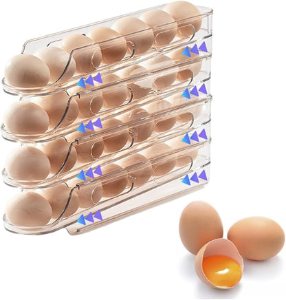 Egg Holder for Fridge,Stackable 1-4 Tiers Container,Auto Rolling Fridge Organizer for Refrigerator,Space-Saving Dispenser Holder,Refrigerator Egg Rack Transparent (4Packs)