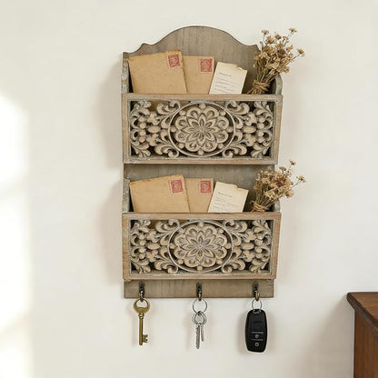 Rustic Key and Mail Holder for Wall Home Decorative,2-Slot Mail Organizer Wall Mount with 3 Hooks, Wooden Key Hangers Wall File Organizer Letter Sorter for Letter Magazines（Brown）