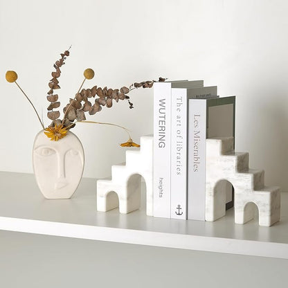 Decorative Natural Marble Book Ends for Shelves, Aesthetic Stone Bookends for Heavy Books, Unique Castle Book Holder/Stopper for Chic Home, Office, or Library Any Bookshelf Decor, Set of 2 (White)