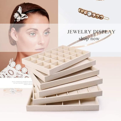 Oirlv Stackable Linen Jewelry Tray Adjustable 24 Grid Jewelry Storage Case for Drawer or Showcase