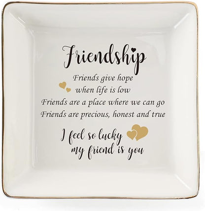 HOME SMILE Best Friends Ring Dish Decorative Tray-Friendship Present-Sentimental Inspirational Gift for Cheer Up Women-Friends Are A Place Where We Can Go,I’m Lucky My Friend is You