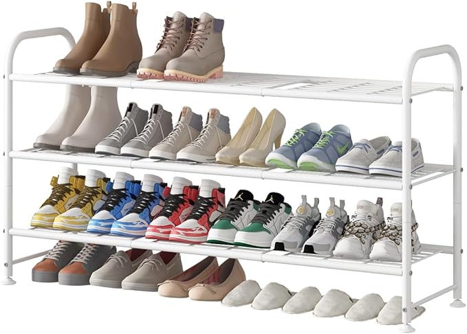 LINZINAR Shoe Rack Long 3 Tier Shoe Storage Organizer Metal Wide Shoe Shelf for Closet Entryway Bedroom 24 Paris Large Capacity, Black (White, 3-Tier)