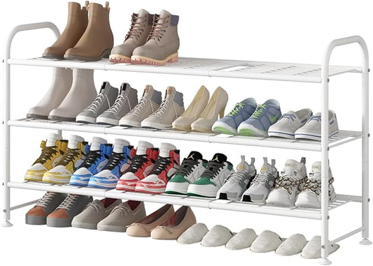 LINZINAR Shoe Rack Long 3 Tier Shoe Storage Organizer Metal Wide Shoe Shelf for Closet Entryway Bedroom 24 Paris Large Capacity, Black (White, 3-Tier)