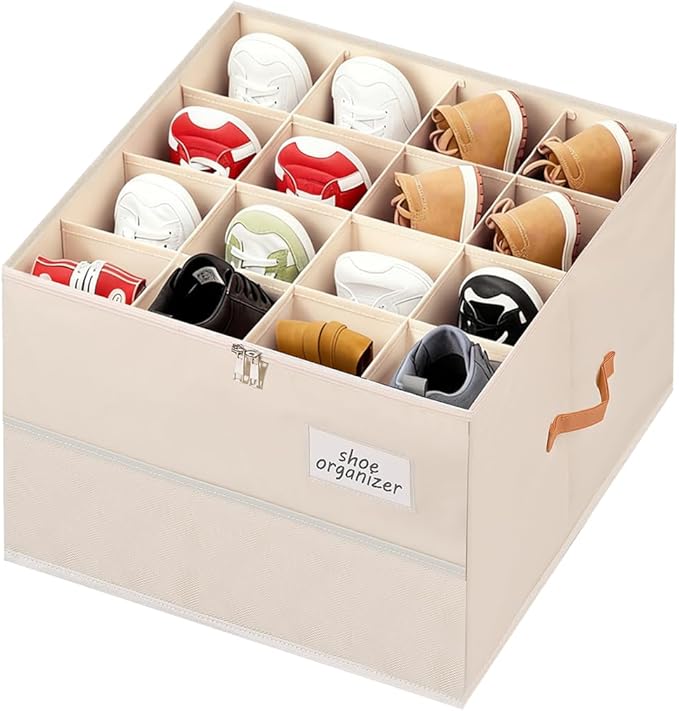 Chewlish Shoe Organizer for Closet, Foldable Shoe Storage Organizer Containers with Clear Cover, Space Saving Shoes Holder with Handles, Beige (1, L)