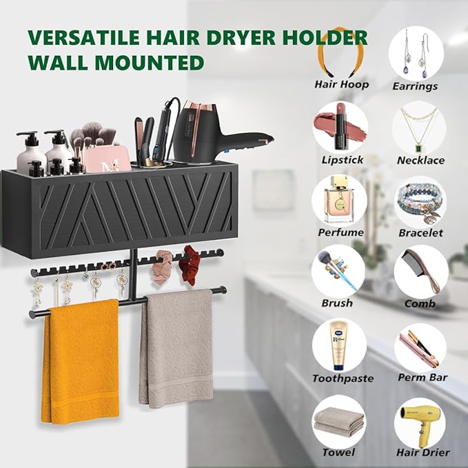 Ronjnndc Rustic Hair Dryer Holder Wall Mounted,Hair Styling Tools & Accessories Organizer,Bathroom Supplies & hot Tools vanities Organizer Caddy,for Storage Flat Iron,Blow Dryer,Curling Iron,Towel