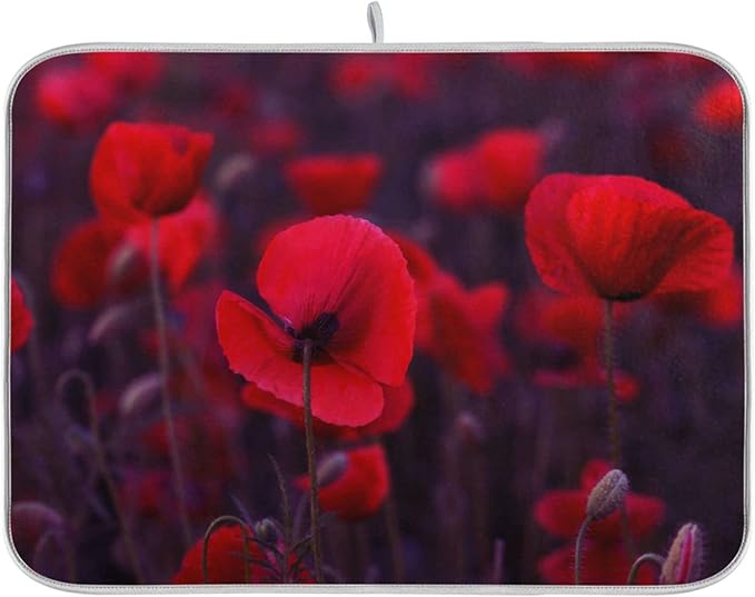ZzWwR Magic Red Poppy 16" x 18" Absorbent Dish Drying Mat Microfiber Kitchen Countertop Table Protector Multi-Purpose Counter Rack Sink Drainer Pad