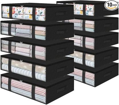 StorageRight Under Bed Storage Bins, 10-Pack 40L Foldable Fabric Storage Bags with Transparent Window, Breathable Organizer for Clothes/Blanket/Comforter/Quiltr, Black