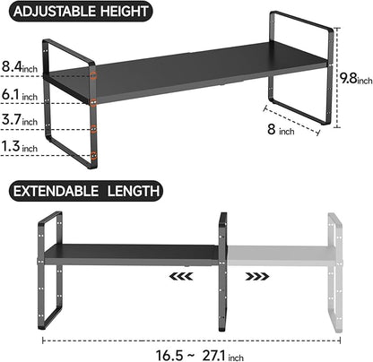 jkxoo 16.5-27’’L Expandable Cabinet Shelf Organizers, Stackable Metal Shelves Extender for Kitchen Countertop Storage, Adjustable Spices Shelves Rack Stand for Cupboard Pantry, Black