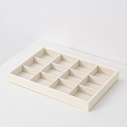 Stackable Jewelry Organizer Tray For Drawers,White Leather Small Earring Storage Tray,Bracelet And Necklace Display Box,Jewelry Ring Display Case (Creamy White 12 Grids)
