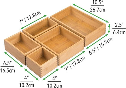 mDesign Bamboo Wood Kitchen Cabinet Drawer Organizer Tray Bins - Multipurpose - Use in Drawers, on Countertops, Shelves or in Pantry - Varied Sizes - Echo Collection - Set of 5 - Natural