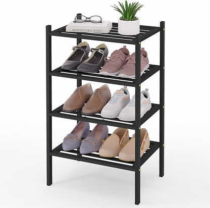 Smiry Small Bamboo Shoe Rack 4-Tier, Stackable Wooden Shoe Organizer for Entryway & Closet, Free Standing Wood Shoe Storage Shelf for Front Door & Small Spaces, Black