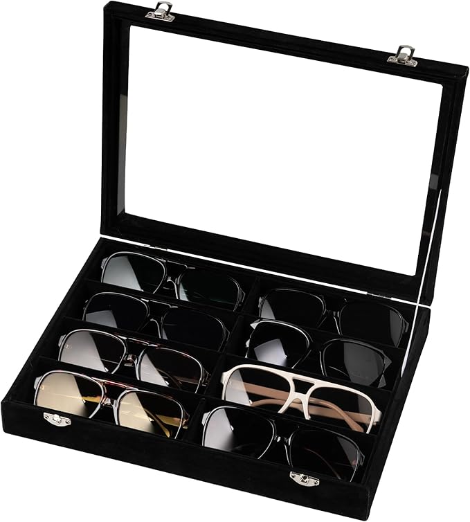 Frebeauty Sunglass Organizer,Velvet Glasses Organizer,8-Slot Sunglasses Tray with Clear Lid,Men's/Women's Sunglasses Box,Sunglass Case,13.3 x 9.6 x 2.2 Inches,Eyeglass/Eyewear Display Tray(Balck)