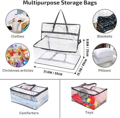 OYOUNGNI Clear Clothes Storage Bag Organizer with Reinforced Handle, Vinyl Storage Bags for Comforter, Blanket, Bedding, Toys, Transparent Moving Totes with Sturdy Dual Zippers, 3 Pack, 55 L, Black