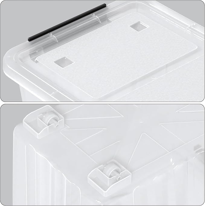 Qqbine 50 Quart Large Plastic Latching Box with Lid, Clear Storage Bin with Wheels, Stackable, 4 Packs