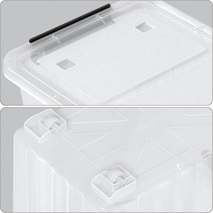 Qqbine 50 Quart Large Plastic Latching Box with Lid, Clear Storage Bin with Wheels, Stackable, 4 Packs