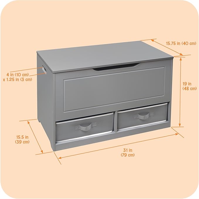 Badger Basket Toy Box and Storage Bench - Chest and Seat Combo with 2 Reversible Baskets, Safety Hinge Lid - Kids Toy Organizer for Playroom or Bedroom - Gray