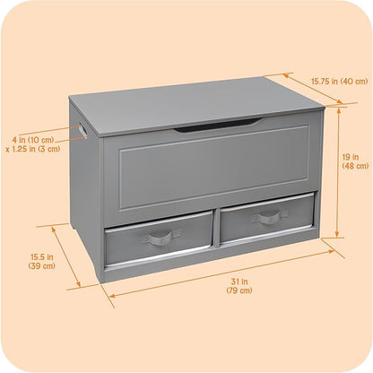 Badger Basket Toy Box and Storage Bench - Chest and Seat Combo with 2 Reversible Baskets, Safety Hinge Lid - Kids Toy Organizer for Playroom or Bedroom - Gray