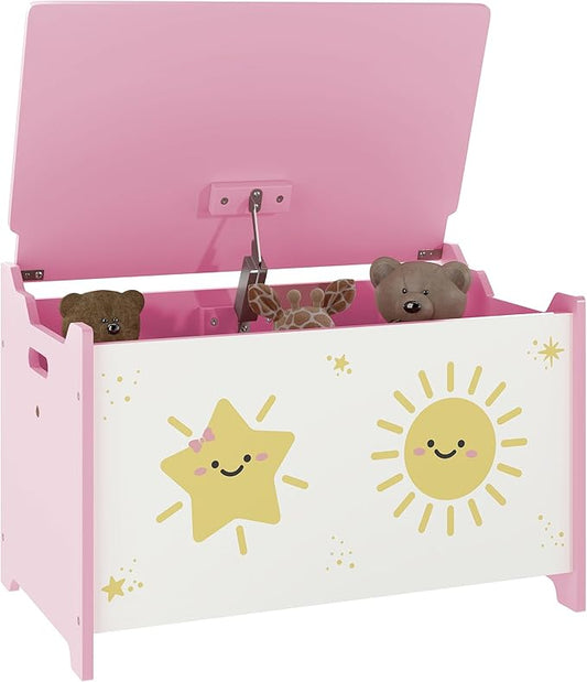 Qaba Toy Box with Lid, Toy Chest with Safety Hinges for Kids Boys Girls, Storage Organizer for Living Room, Playroom, Nursery, Bedroom, 24" L x 15" W x 15" H, Pink