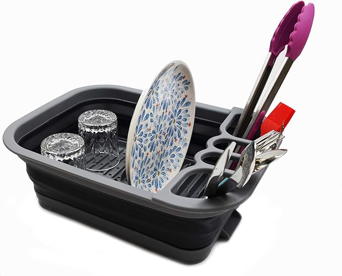SAMMART Collapsible Dish Drainer with Drainer Board - Foldable Drying Rack Set - Portable Dinnerware Organizer - Space Saving Kitchen Storage Tray (1, Grey/Black)