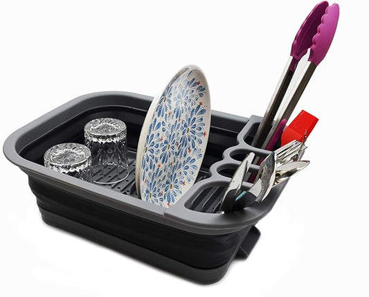 SAMMART Collapsible Dish Drainer with Drainer Board - Foldable Drying Rack Set - Portable Dinnerware Organizer - Space Saving Kitchen Storage Tray (1, Grey/Black)