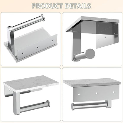 Marble Toilet Paper Holder with Shelf, Evolvegoods Chrome Bathroom Toilet Paper Holder Wall Mount, 304 Stainless Steel Modern Toilet Paper Roll Holder Storage Tissue Holder