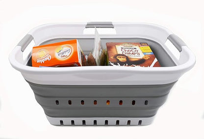 SAMMART 30L (8 gallon) Collapsible 3 Handled Plastic Laundry Basket - Foldable Pop Up Storage Container/Organizer - Space Saving Hamper/Basket (White/Grey)