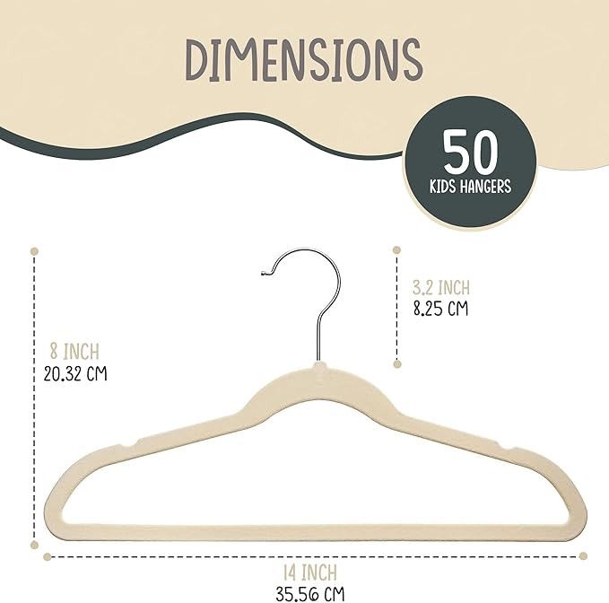 TechZoo 50 Premium Kids Velvet Hangers - 14" Non-Slip Clothes Hangers for Kids & Preteens - Ultra Slim, Space-Saving, Strong & Durable Hangers with 360° Swivel Hook - Ivory