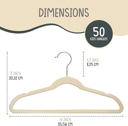 TechZoo 50 Premium Kids Velvet Hangers - 14" Non-Slip Clothes Hangers for Kids & Preteens - Ultra Slim, Space-Saving, Strong & Durable Hangers with 360° Swivel Hook - Ivory