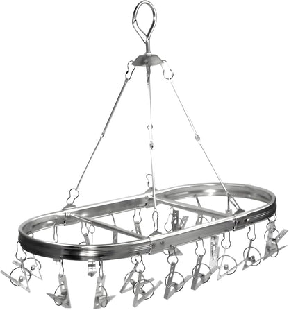 Sock Hanger for Drying with 26 Non-Slip Clips - Aluminum Hanging Drying Rack for Underwear, Baby Clothes & Delicates | Oval Design & Wind-Resistant Hook (Silver)