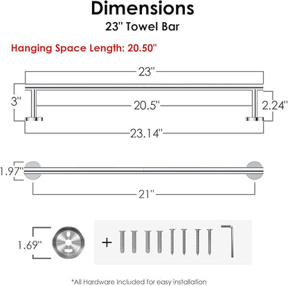 FORIOUS Towel Bar Wall Mounted, Stainless Steel Towel Racks for Bathroom 23 Inch, Includes Wall Mounting Hardware (Chrome, Hanging Space 21 Inch)
