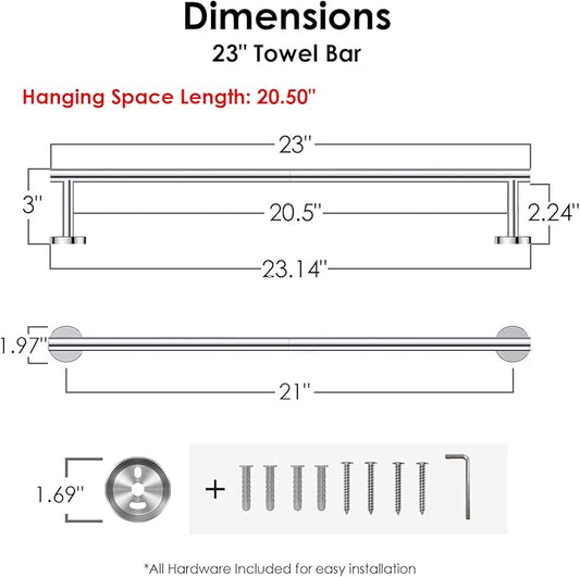 FORIOUS Towel Bar Wall Mounted, Stainless Steel Towel Racks for Bathroom 23 Inch, Includes Wall Mounting Hardware (Chrome, Hanging Space 21 Inch)