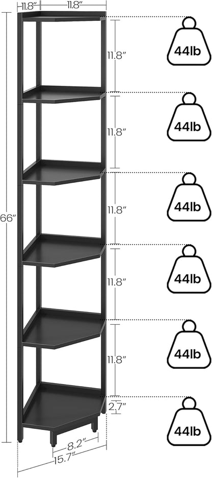 Corner Shelf Stand, Corner Bookshelf, Storage Standing Shelf Unit with Metal Frame, Plant Stand, Corner Bookcase for Living Room, Home Office, Bedroom, 6-Tier Black CS06006B