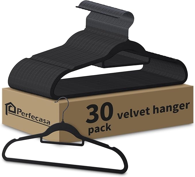 Perfecasa Black Velvet Hangers 30 Pack - Non Slip Clothes Hangers, Ultra Slim Hangers, Space Saving Swivel Black Hook, Suit, Top, Tie, Shirt, Skirt & Pant Felt Hangers, Black Hangers