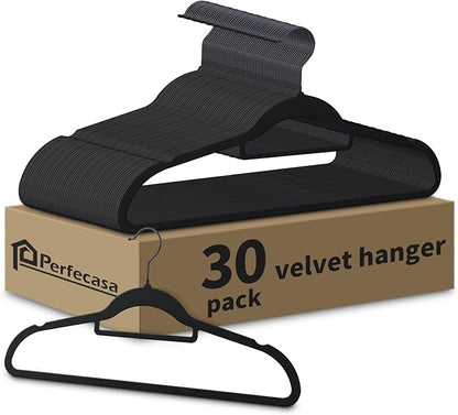 Perfecasa Black Velvet Hangers 30 Pack - Non Slip Clothes Hangers, Ultra Slim Hangers, Space Saving Swivel Black Hook, Suit, Top, Tie, Shirt, Skirt & Pant Felt Hangers, Black Hangers