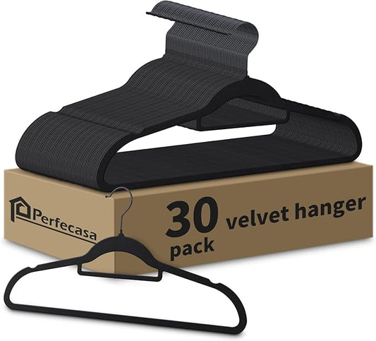 Perfecasa Black Velvet Hangers 30 Pack - Non Slip Clothes Hangers, Ultra Slim Hangers, Space Saving Swivel Black Hook, Suit, Top, Tie, Shirt, Skirt & Pant Felt Hangers, Black Hangers