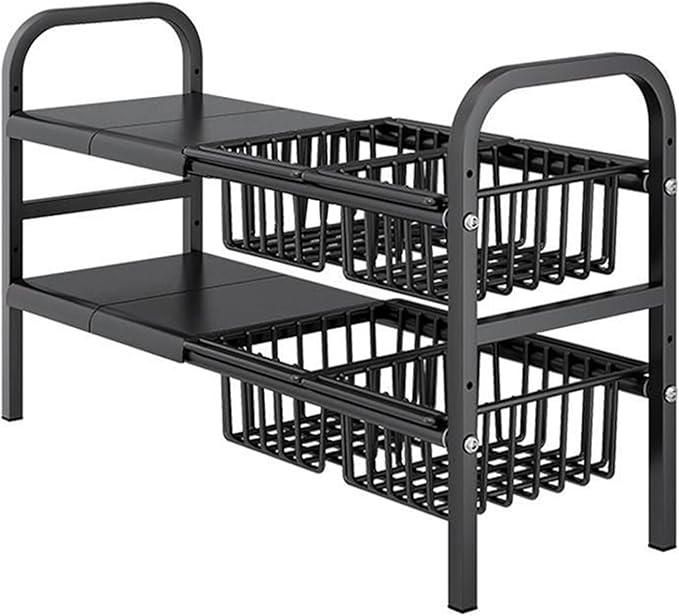 Under Sink Organizers, 2 Tier Stretchable Cabinet Shelf Organizer with 4 Removable Panels and 4 Under Shelf Basket for Under Bathroom Storage,Under Cabinet Shelves,kitchen Sink Storage Rack (black)