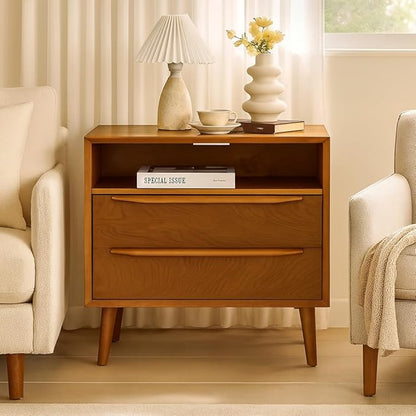 HULALA HOME End Table with Charging Station, Mid-Century Modern 2 Drawer and Open Shelf, Fluted End Table（Acorn）