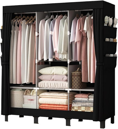 Portable Wardrobe, Clothes Organizer, Easy Hanger Wardrobe, Multiple Dividers and 3 Drawers, 6 Side Pockets Large Capacity (Black)